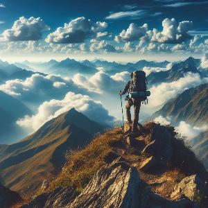 backpacker hiking up a mountain on blue sky with puffy white clouds-1